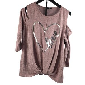 Ava James Womens Cold Shoulder Love Heart Graphic Knot Front Knit Top Pink Large